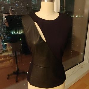 BCBGMaxAzria Black Leather and Knit Cutout Top